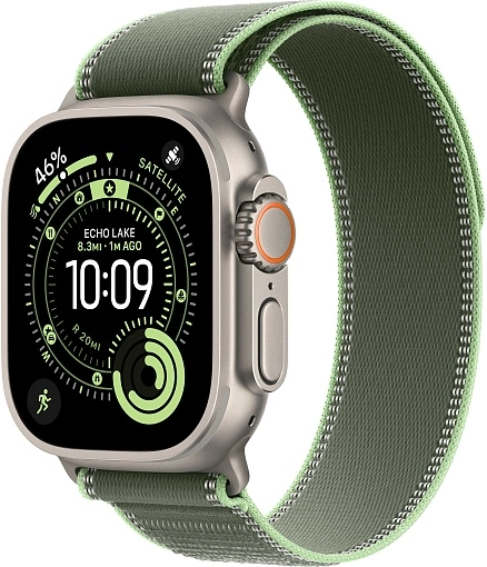 Apple Watch Ultra 3 49 мм, корпус из натурального титана, ремешок Trail зеленого цвета, размер M/L